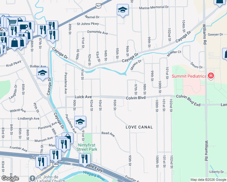 map of restaurants, bars, coffee shops, grocery stores, and more near 9330 Colvin Boulevard in Niagara Falls