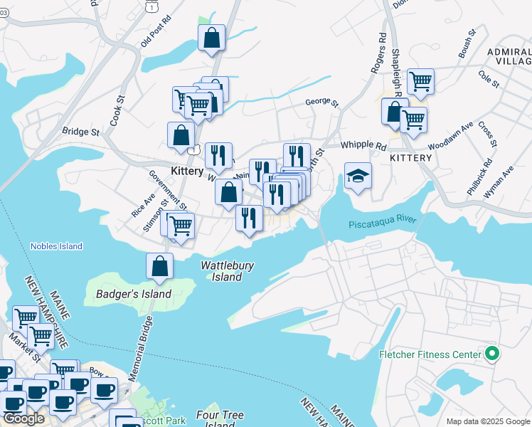 map of restaurants, bars, coffee shops, grocery stores, and more near 13 Walker Street in Kittery