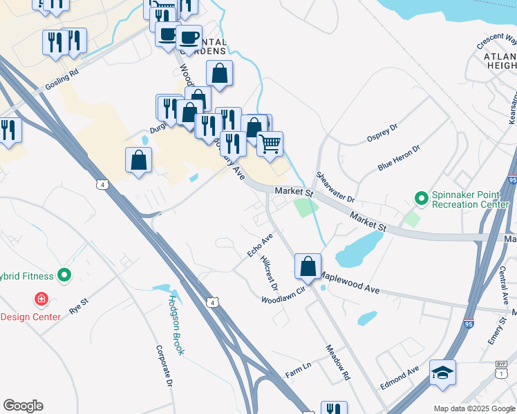 map of restaurants, bars, coffee shops, grocery stores, and more near 1320 Woodbury Avenue in Portsmouth