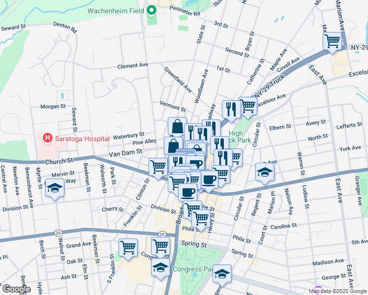 map of restaurants, bars, coffee shops, grocery stores, and more near 118 Woodlawn Avenue in Saratoga Springs