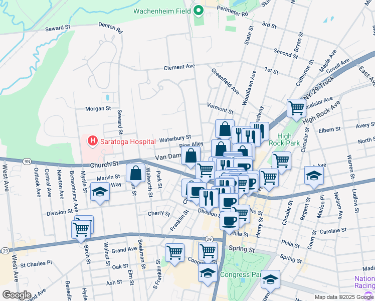 map of restaurants, bars, coffee shops, grocery stores, and more near 30 Waterbury Street in Saratoga Springs