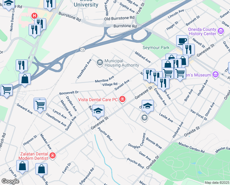 map of restaurants, bars, coffee shops, grocery stores, and more near 2125 Sunset Avenue in Utica