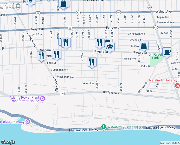 map of restaurants, bars, coffee shops, grocery stores, and more near 2220 Cudaback Avenue in Niagara Falls