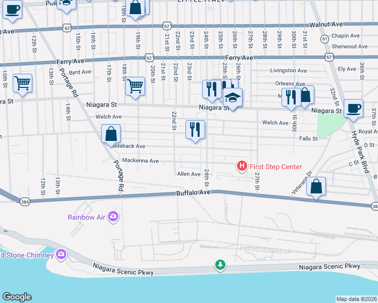 map of restaurants, bars, coffee shops, grocery stores, and more near 2220 Cudaback Avenue in Niagara Falls