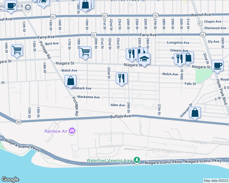 map of restaurants, bars, coffee shops, grocery stores, and more near 2220 Cudaback Avenue in Niagara Falls