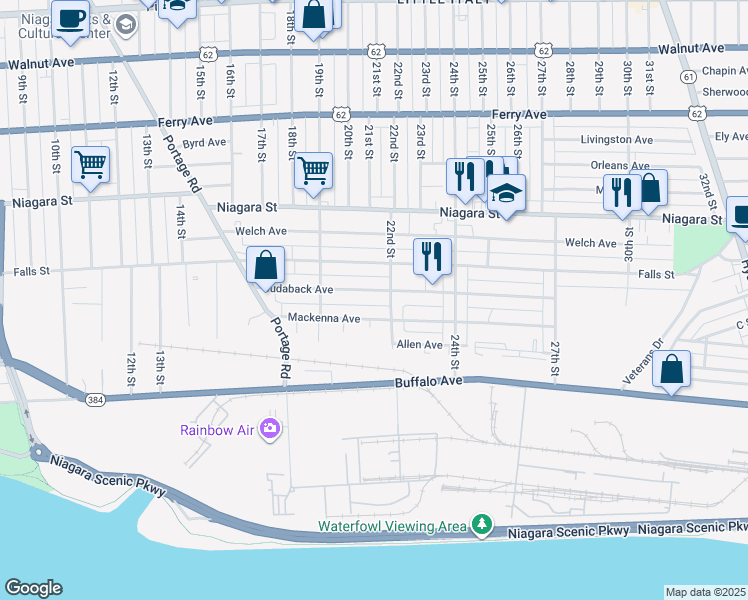 map of restaurants, bars, coffee shops, grocery stores, and more near 1965 Cudaback Avenue in Niagara Falls