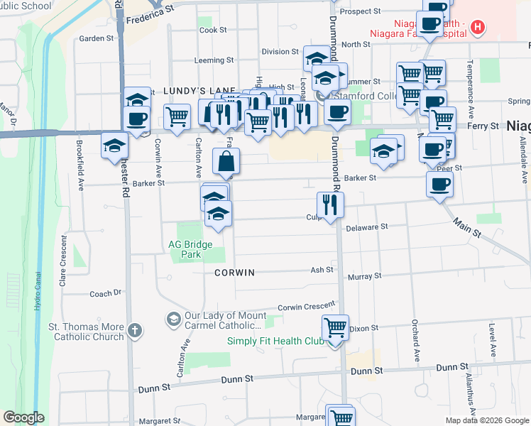 map of restaurants, bars, coffee shops, grocery stores, and more near 6476 Maranda Street in Niagara Falls