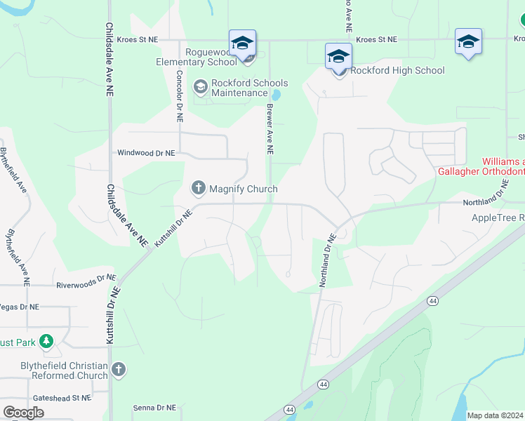 map of restaurants, bars, coffee shops, grocery stores, and more near 6801 Kuttshill Drive Northeast in Rockford