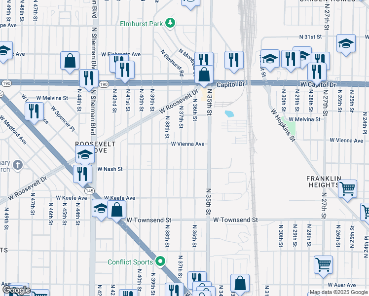 map of restaurants, bars, coffee shops, grocery stores, and more near 3702 West Vienna Avenue in Milwaukee