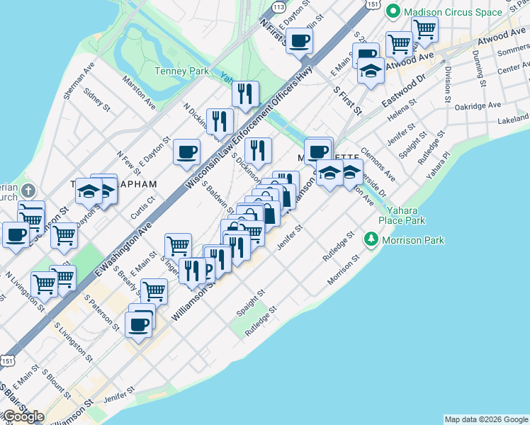 map of restaurants, bars, coffee shops, grocery stores, and more near 1330 East Wilson Street in Madison