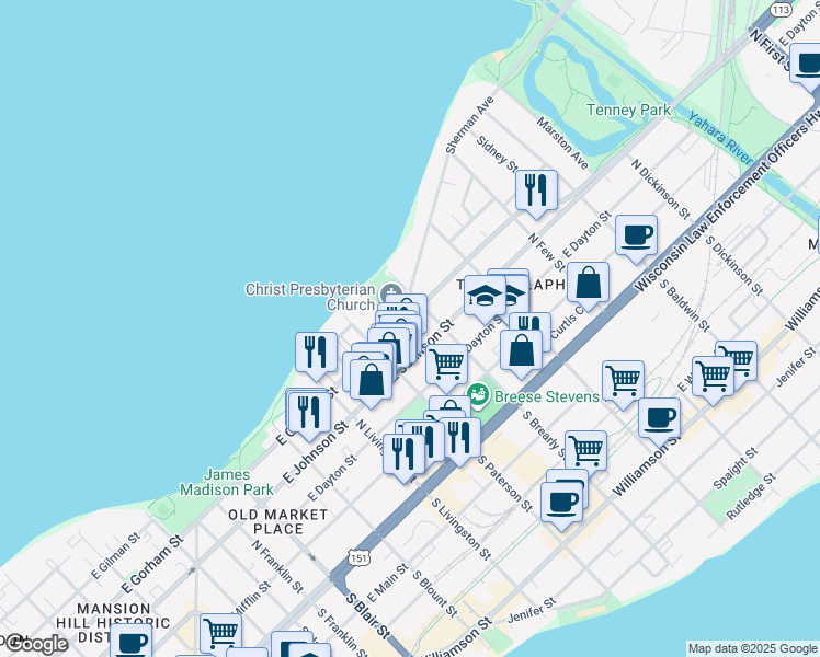 map of restaurants, bars, coffee shops, grocery stores, and more near 939 East Gorham Street in Madison