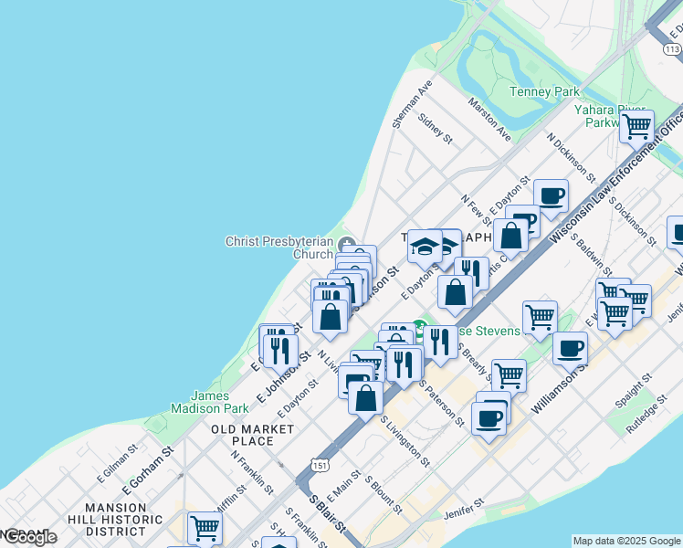 map of restaurants, bars, coffee shops, grocery stores, and more near 939 East Gorham Street in Madison