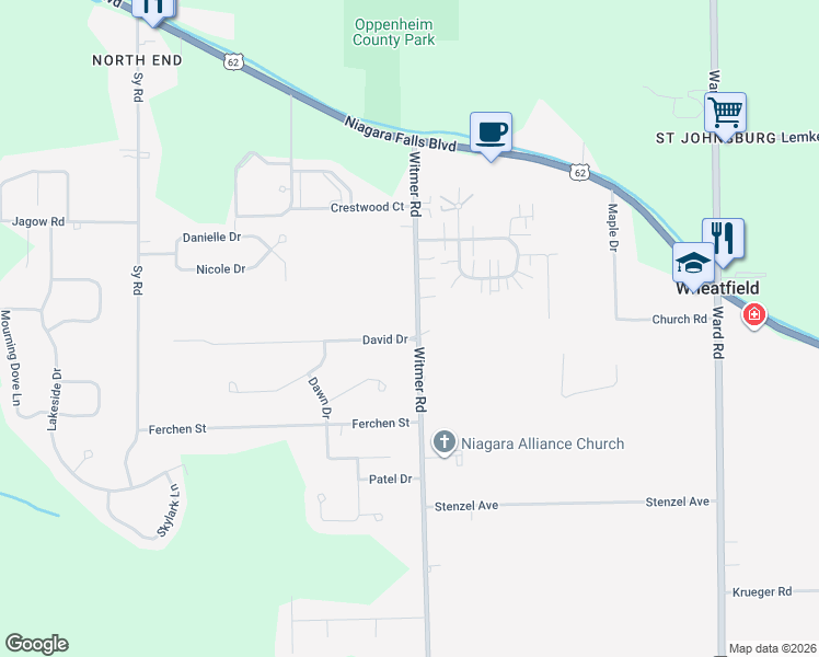 map of restaurants, bars, coffee shops, grocery stores, and more near 2671 David Drive in Niagara Falls