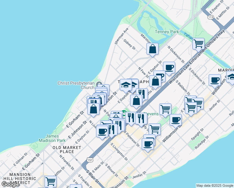 map of restaurants, bars, coffee shops, grocery stores, and more near 1005 East Johnson Street in Madison