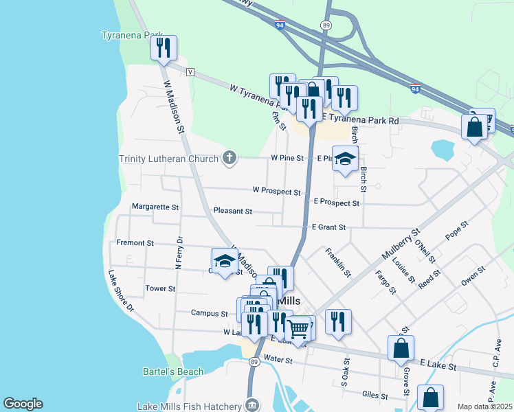 map of restaurants, bars, coffee shops, grocery stores, and more near 302 West Prospect Street in Lake Mills