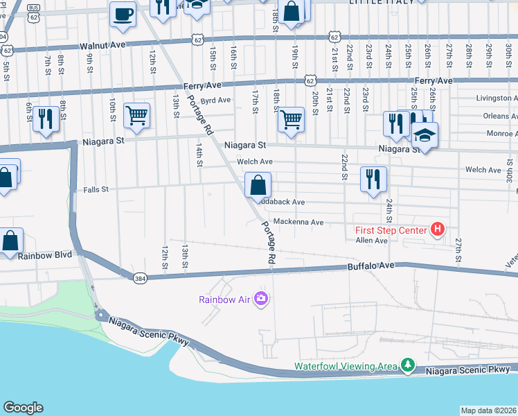 map of restaurants, bars, coffee shops, grocery stores, and more near 1711 Cudaback Avenue in Niagara Falls