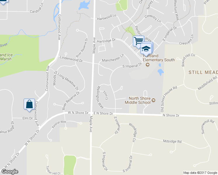 map of restaurants, bars, coffee shops, grocery stores, and more near 1001 South Imperial Drive in Hartland