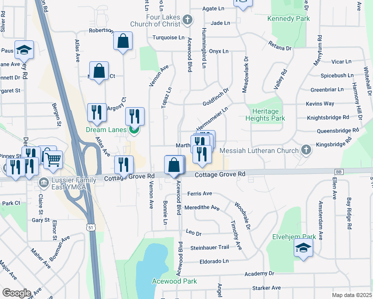 map of restaurants, bars, coffee shops, grocery stores, and more near 4603 Martha Lane in Madison