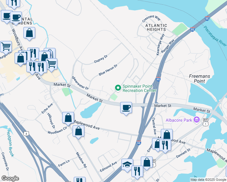 map of restaurants, bars, coffee shops, grocery stores, and more near 131 Spinnaker Way in Portsmouth