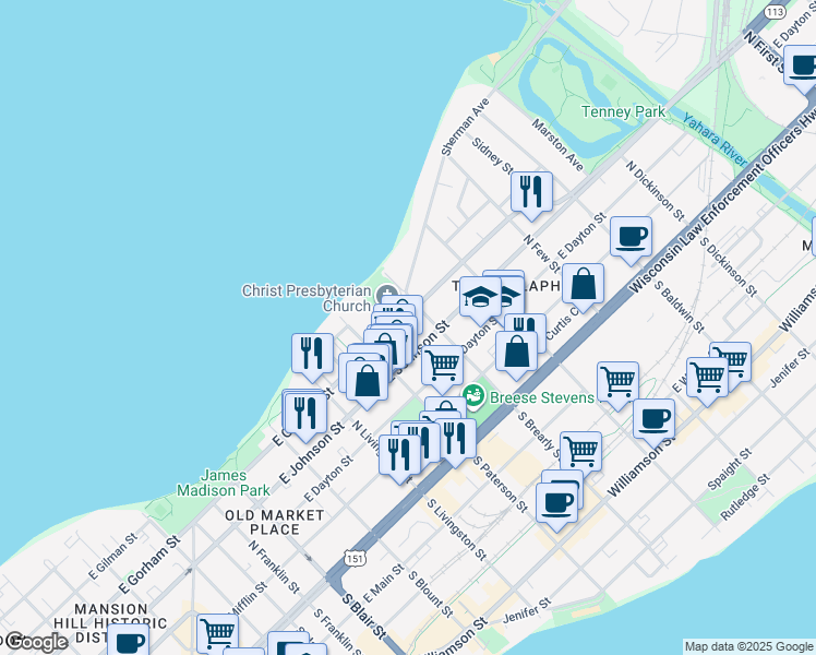 map of restaurants, bars, coffee shops, grocery stores, and more near 937 East Gorham Street in Madison