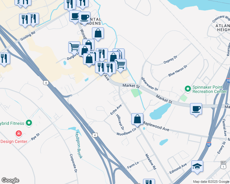 map of restaurants, bars, coffee shops, grocery stores, and more near 1320 Woodbury Avenue in Portsmouth