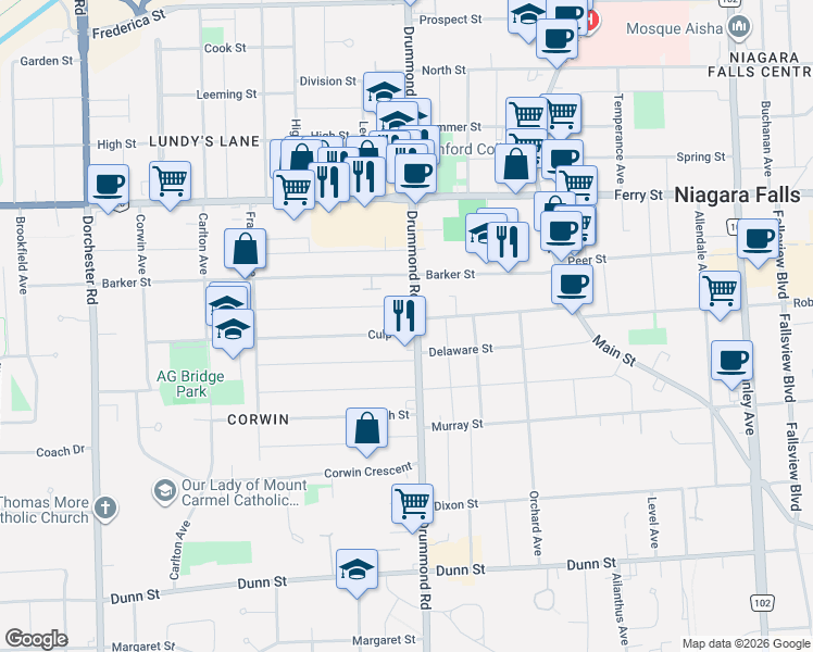 map of restaurants, bars, coffee shops, grocery stores, and more near 6133 Drummond Road in Niagara Falls