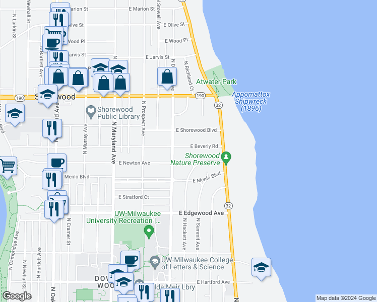 map of restaurants, bars, coffee shops, grocery stores, and more near 2633 East Beverly Road in Milwaukee