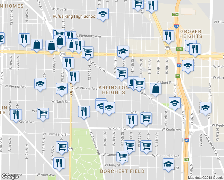 map of restaurants, bars, coffee shops, grocery stores, and more near 3804 North 17th Street in Milwaukee