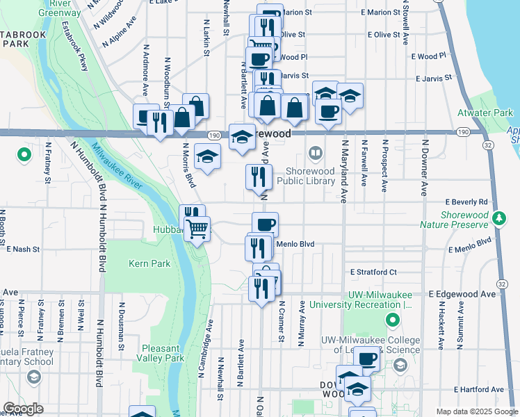 map of restaurants, bars, coffee shops, grocery stores, and more near 1723 East Beverly Road in Shorewood