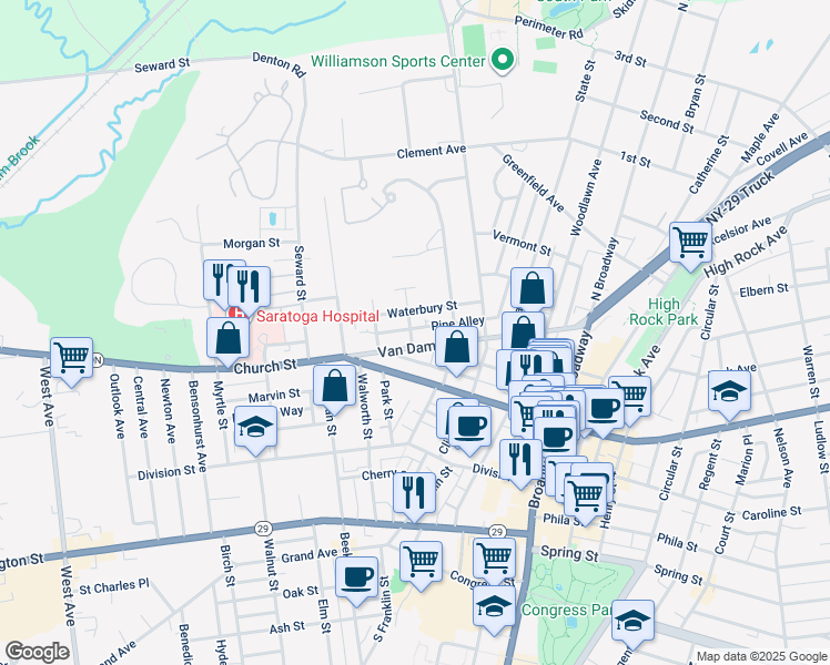 map of restaurants, bars, coffee shops, grocery stores, and more near 2 Russell Street in Saratoga Springs