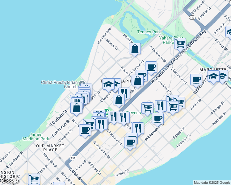map of restaurants, bars, coffee shops, grocery stores, and more near 1045 East Dayton Street in Madison
