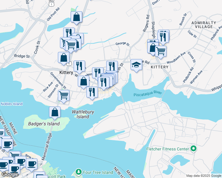 map of restaurants, bars, coffee shops, grocery stores, and more near 76 Wallingford Square in Kittery