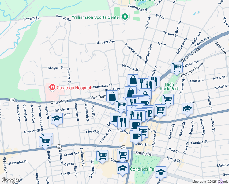map of restaurants, bars, coffee shops, grocery stores, and more near 73 Van Dam Street in Saratoga Springs
