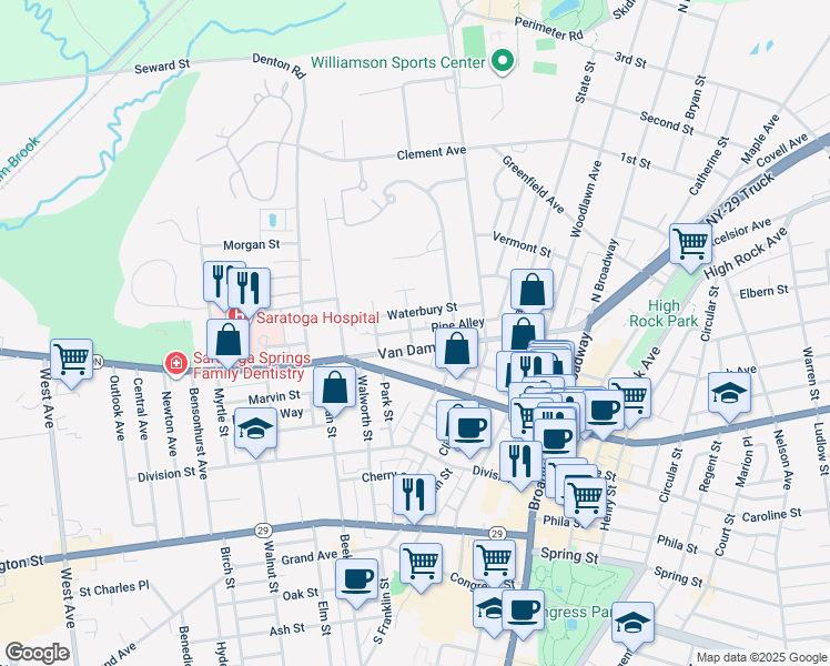 map of restaurants, bars, coffee shops, grocery stores, and more near 44 Waterbury Street in Saratoga Springs
