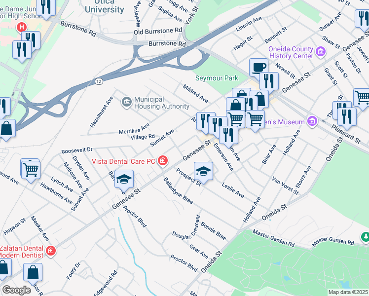 map of restaurants, bars, coffee shops, grocery stores, and more near 21 Hampden Place in Utica