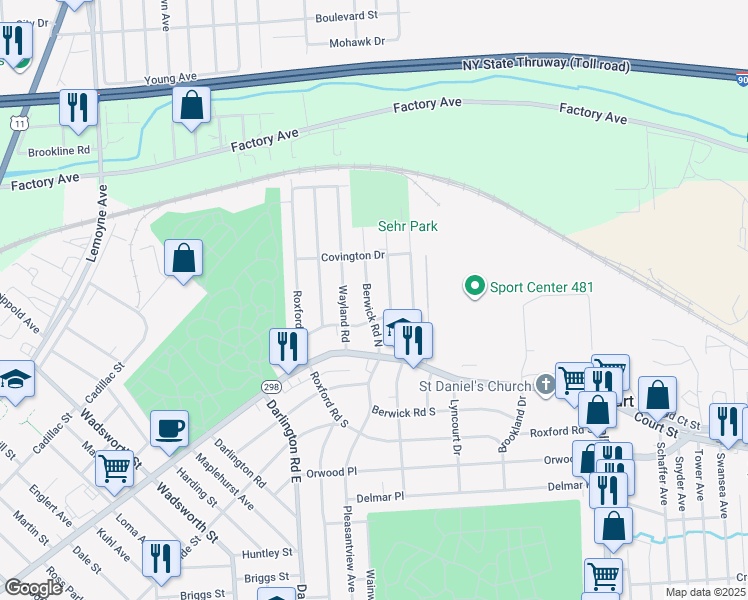 map of restaurants, bars, coffee shops, grocery stores, and more near 235 Berwick Road North in Syracuse