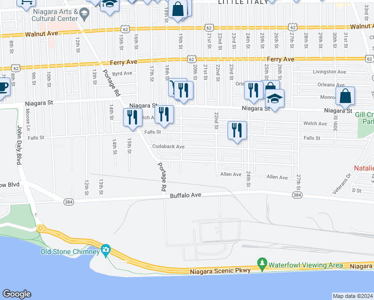 map of restaurants, bars, coffee shops, grocery stores, and more near 1921 Cudaback Avenue in Niagara Falls