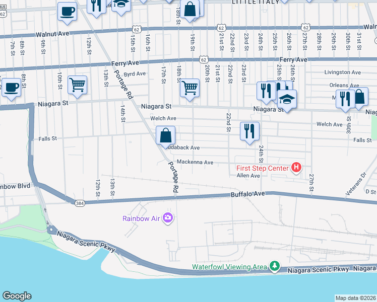 map of restaurants, bars, coffee shops, grocery stores, and more near 1753 Cudaback Avenue in Niagara Falls