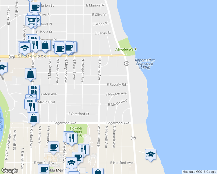 map of restaurants, bars, coffee shops, grocery stores, and more near 2633 East Beverly Road in Milwaukee