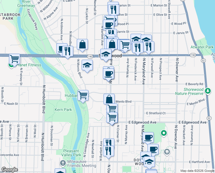 map of restaurants, bars, coffee shops, grocery stores, and more near 1711 East Beverly Road in Milwaukee