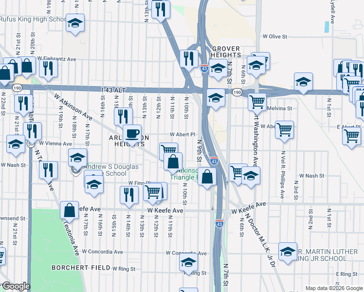 map of restaurants, bars, coffee shops, grocery stores, and more near 3771 North 10th Street in Milwaukee