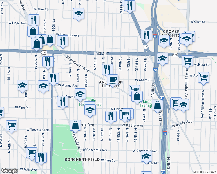 map of restaurants, bars, coffee shops, grocery stores, and more near 3734 North 14th Street in Milwaukee