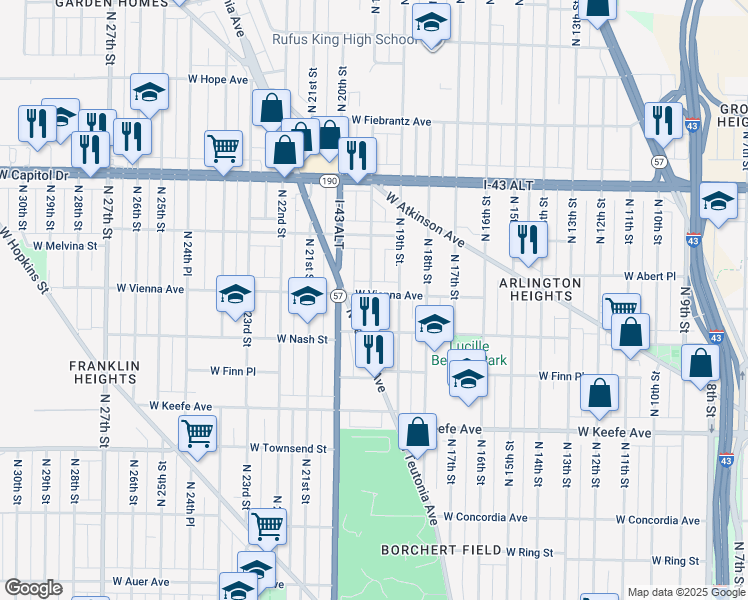 map of restaurants, bars, coffee shops, grocery stores, and more near 1952 West Vienna Avenue in Milwaukee