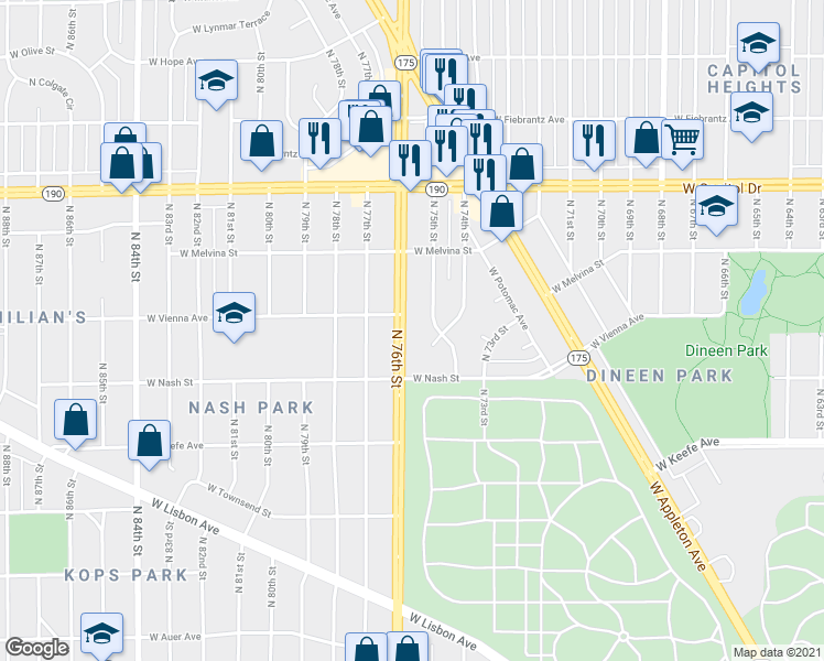 map of restaurants, bars, coffee shops, grocery stores, and more near 3783 North 75th Street in Milwaukee