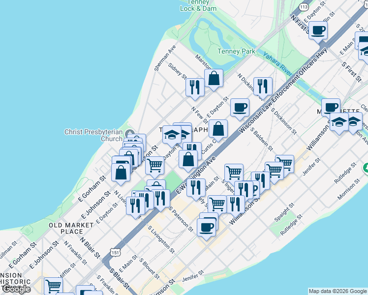 map of restaurants, bars, coffee shops, grocery stores, and more near 121 North Ingersoll Street in Madison