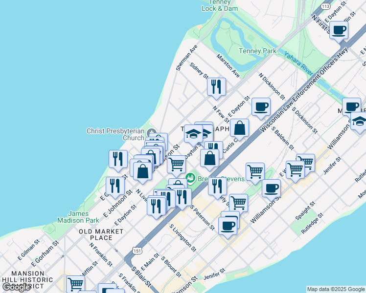 map of restaurants, bars, coffee shops, grocery stores, and more near 1028 East Dayton Street in Madison