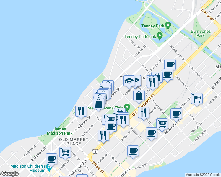 map of restaurants, bars, coffee shops, grocery stores, and more near 939 East Gorham Street in Madison