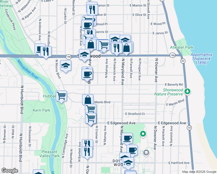 map of restaurants, bars, coffee shops, grocery stores, and more near 2001 East Beverly Road in Shorewood