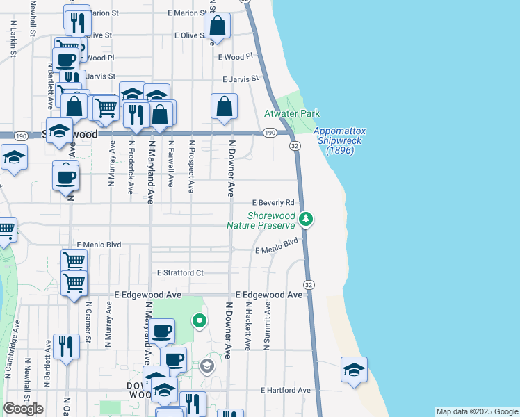 map of restaurants, bars, coffee shops, grocery stores, and more near 2641 East Beverly Road in Shorewood