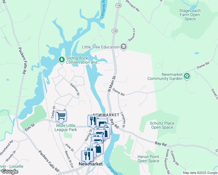 map of restaurants, bars, coffee shops, grocery stores, and more near 22 North Main Street in Newmarket